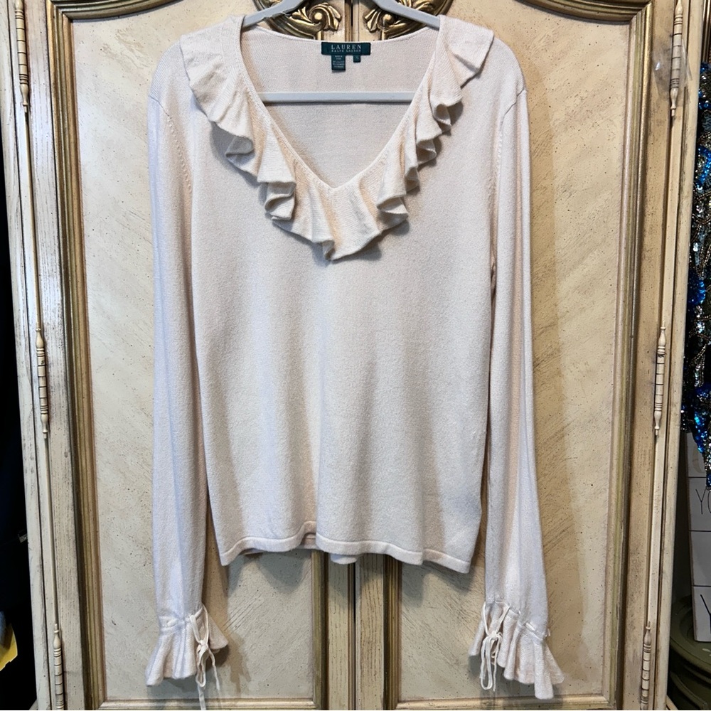 Ralph Lauren Cream Ivory Silk Cashmere Ruffle V Neck Sweater